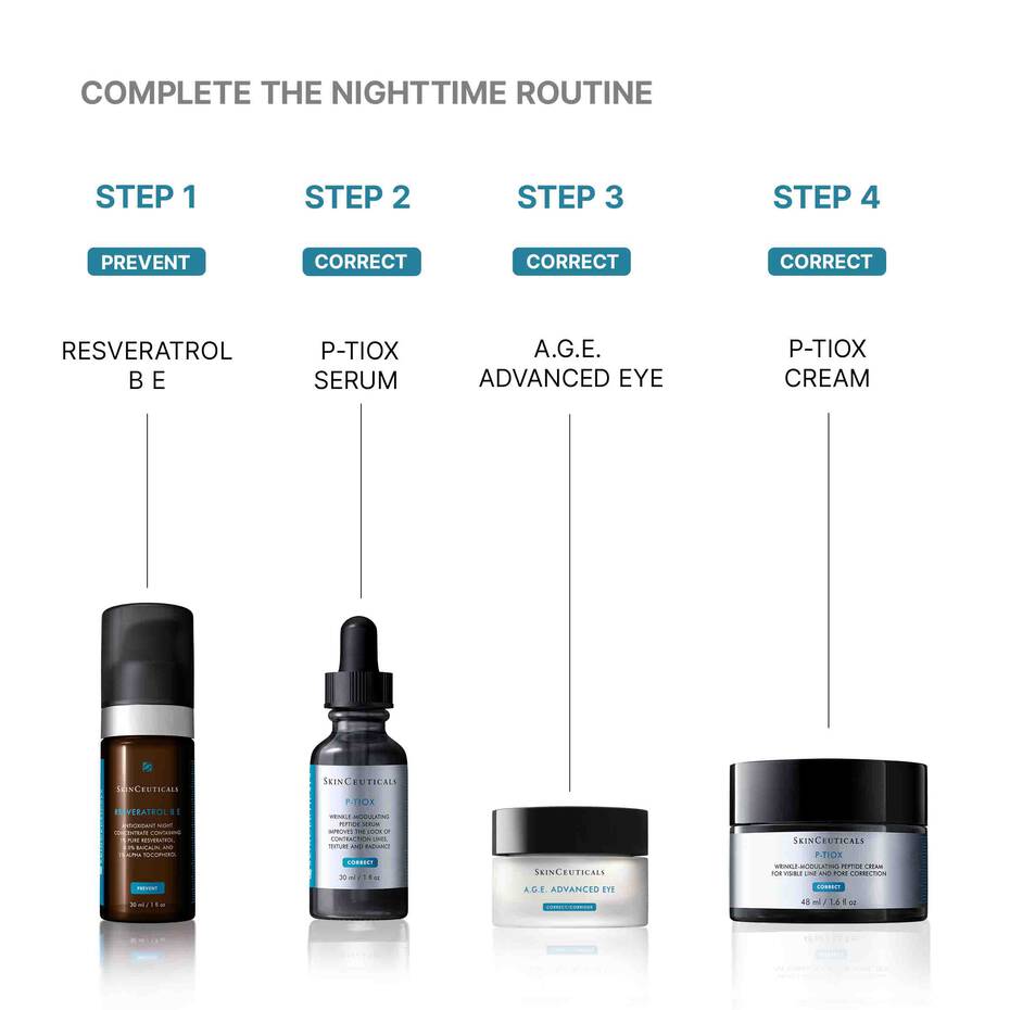 Skincare product lineup with step-by-step instructions on a white background