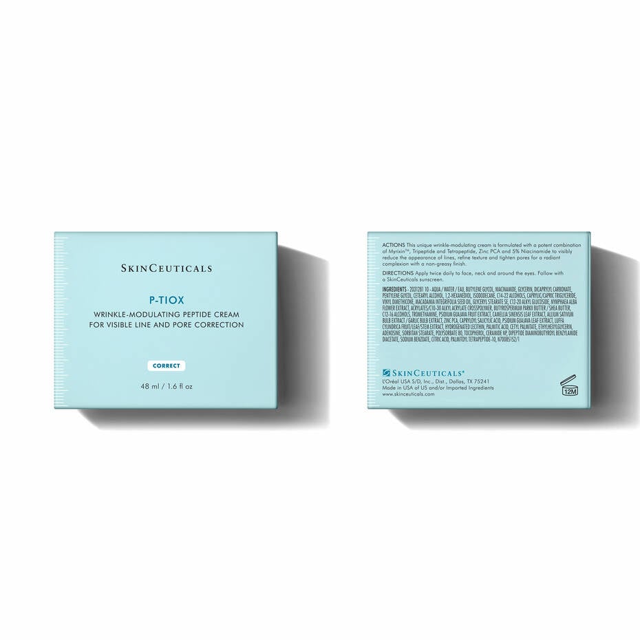 Two boxes of SkinCeuticals P. TiOX cream on a white background