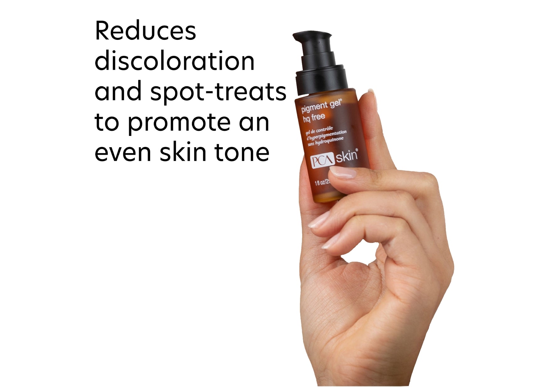 Hand holding a bottle of PCA Skin pigment gel with text on a white background