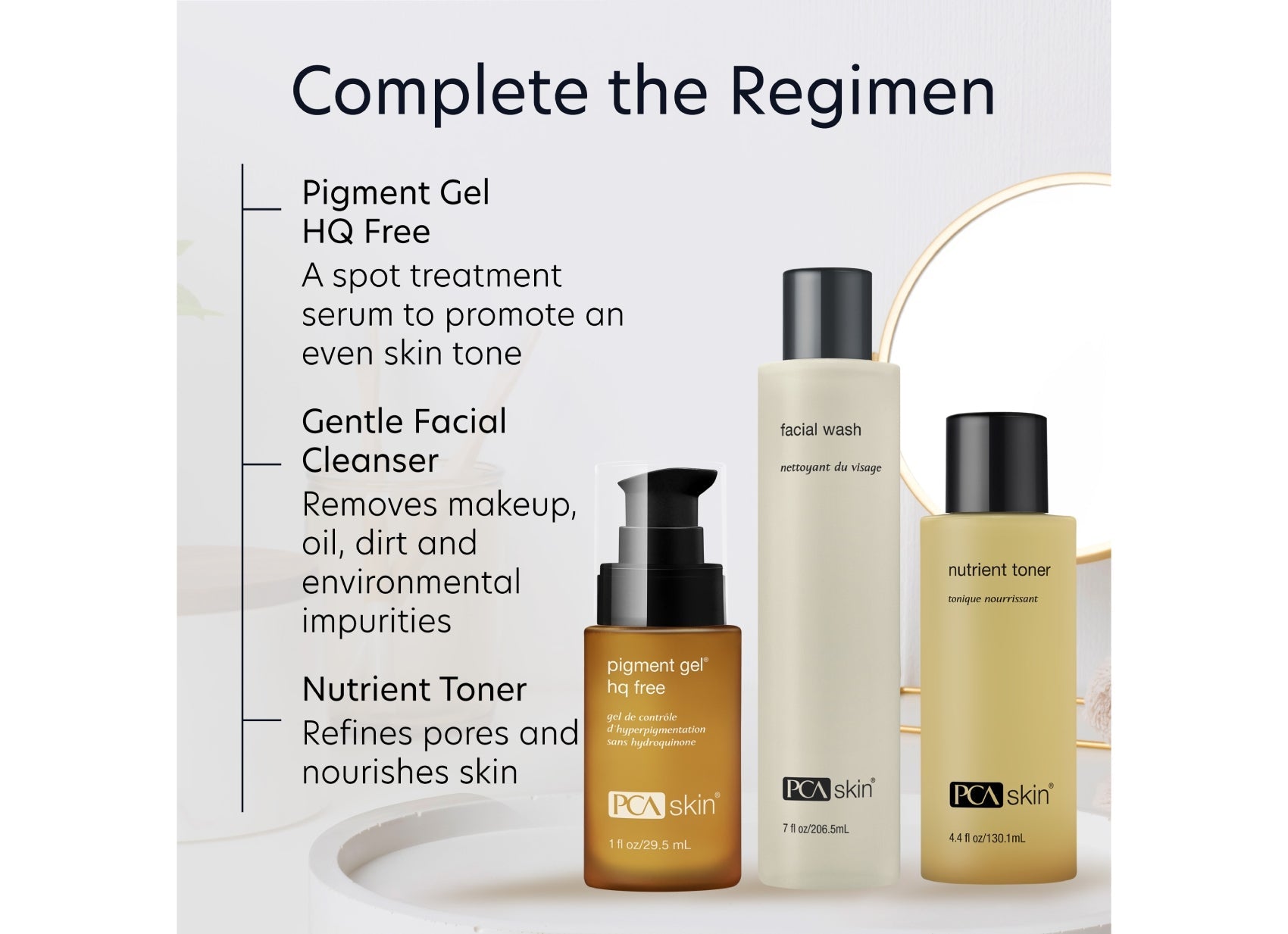 PCA Skin skincare products with text describing the regimen on a white background
