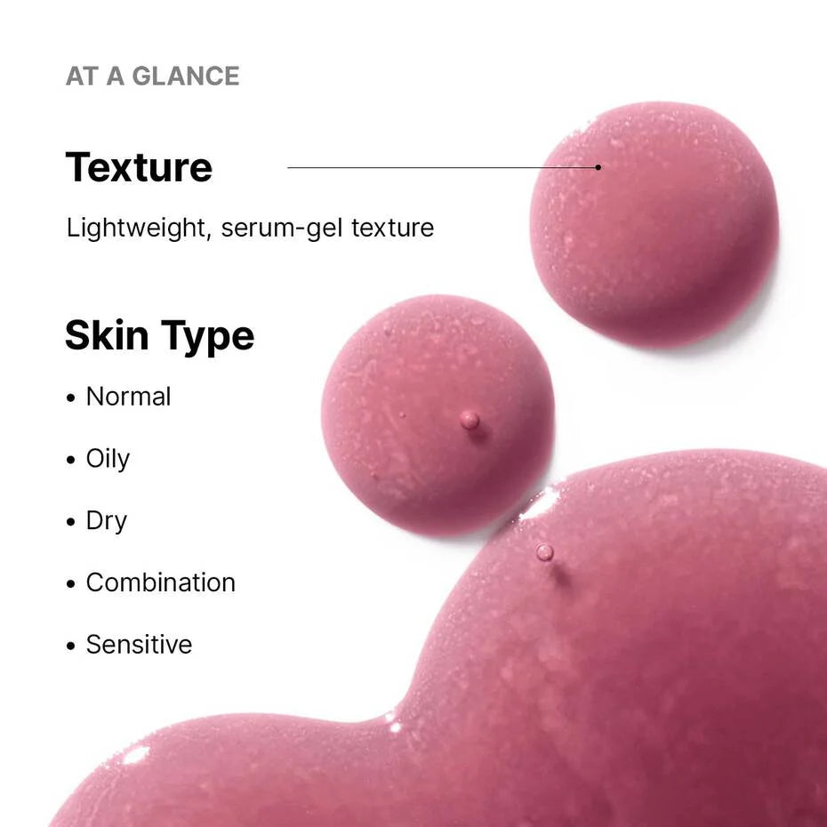 Pink serum-gel texture droplets with text on skin type compatibility.