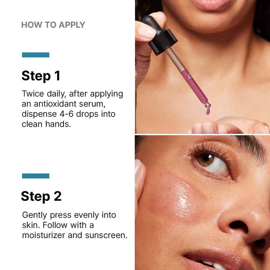 Instructions on how to apply a skincare product with close-up images of application.