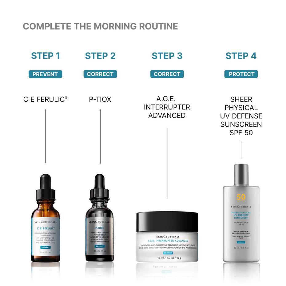 Skincare product lineup with step-by-step instructions on a white background