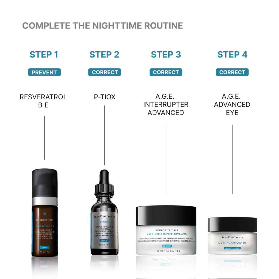 Skincare product lineup with step-by-step instructions on a white background