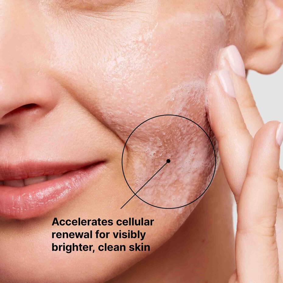 Close-up of a person's face with a focus on skin texture, accompanied by text about skin care benefits.