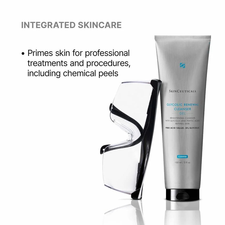 SkinCeuticals skincare product with text about integrated skincare on a white background