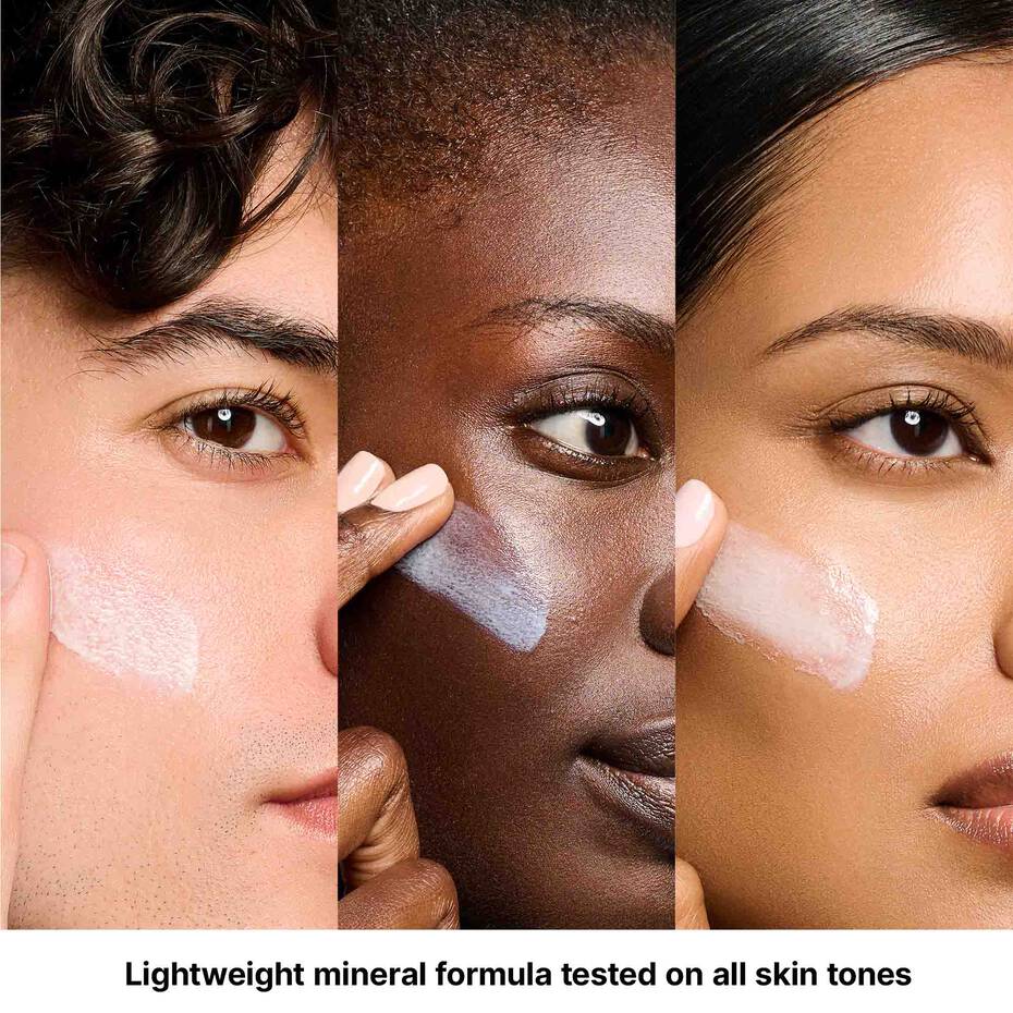 Three people with a light-colored product applied to their skin, showcasing a lightweight mineral formula for all skin tones.
