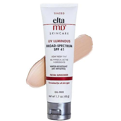 Elta MD skincare tube with a swatch of sunscreen on a white background