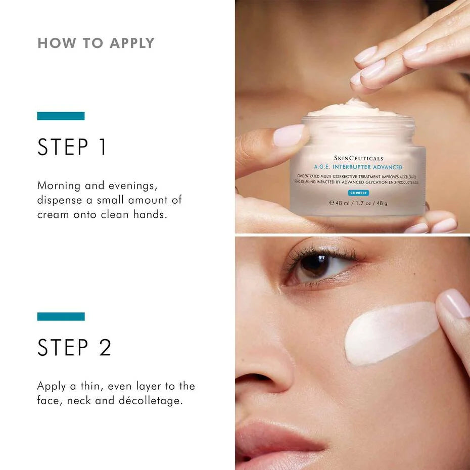 Instructions on how to apply a skincare cream with close-up of product and application.