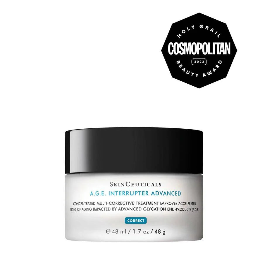 Skinceuticals A.G.E. Interrupter Advanced jar with Cosmopolitan Beauty Award badge on a white background