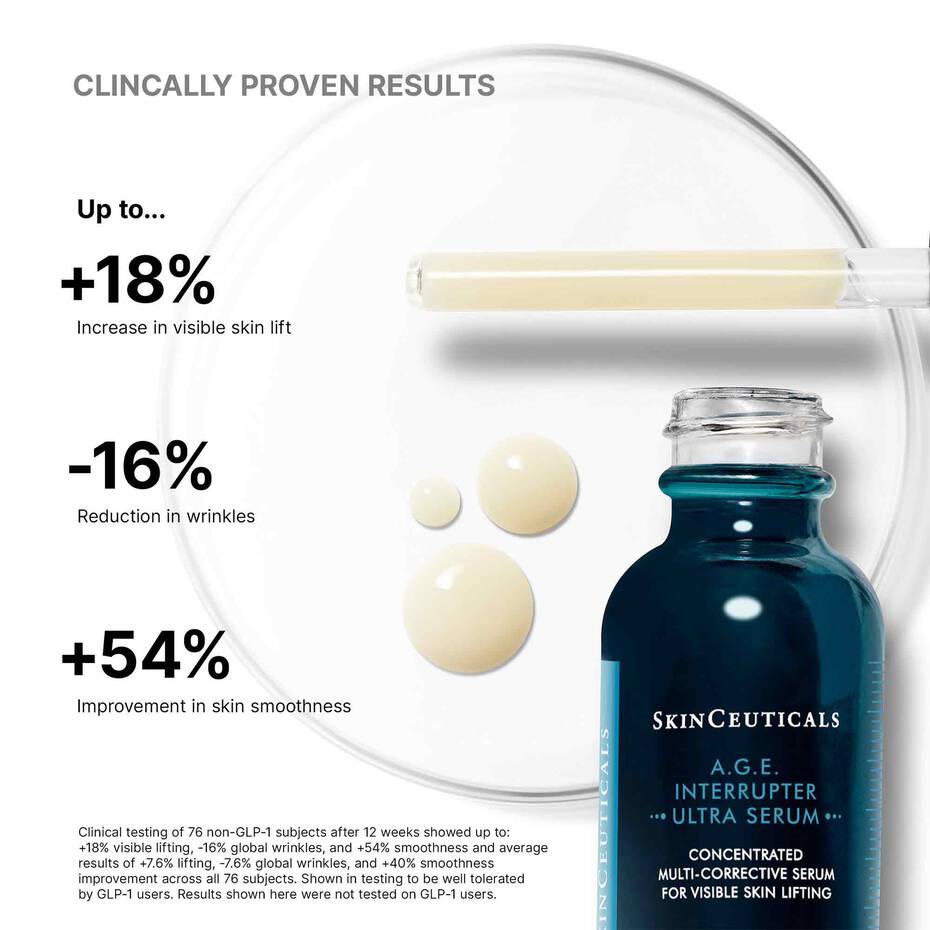 SkinCeuticals A.G.E. Interrupter Ultra Serum with clinical benefits displayed on a white background
