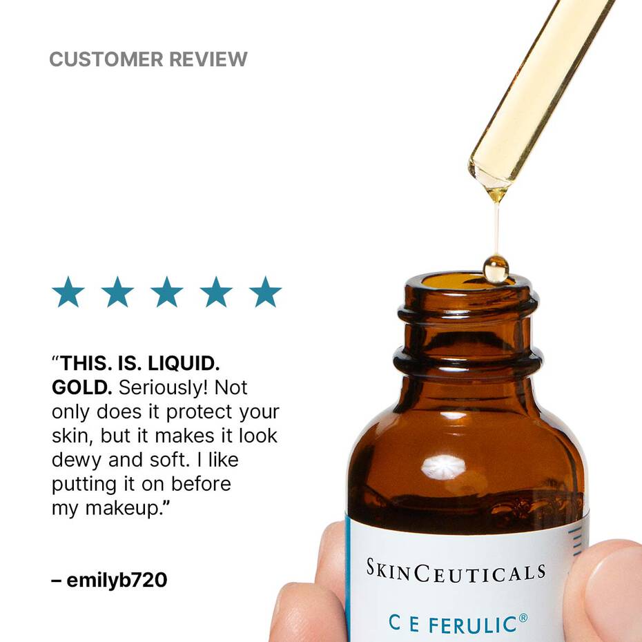 SkinCeuticals C E Ferulic dropper bottle with a five-star customer review on a white background