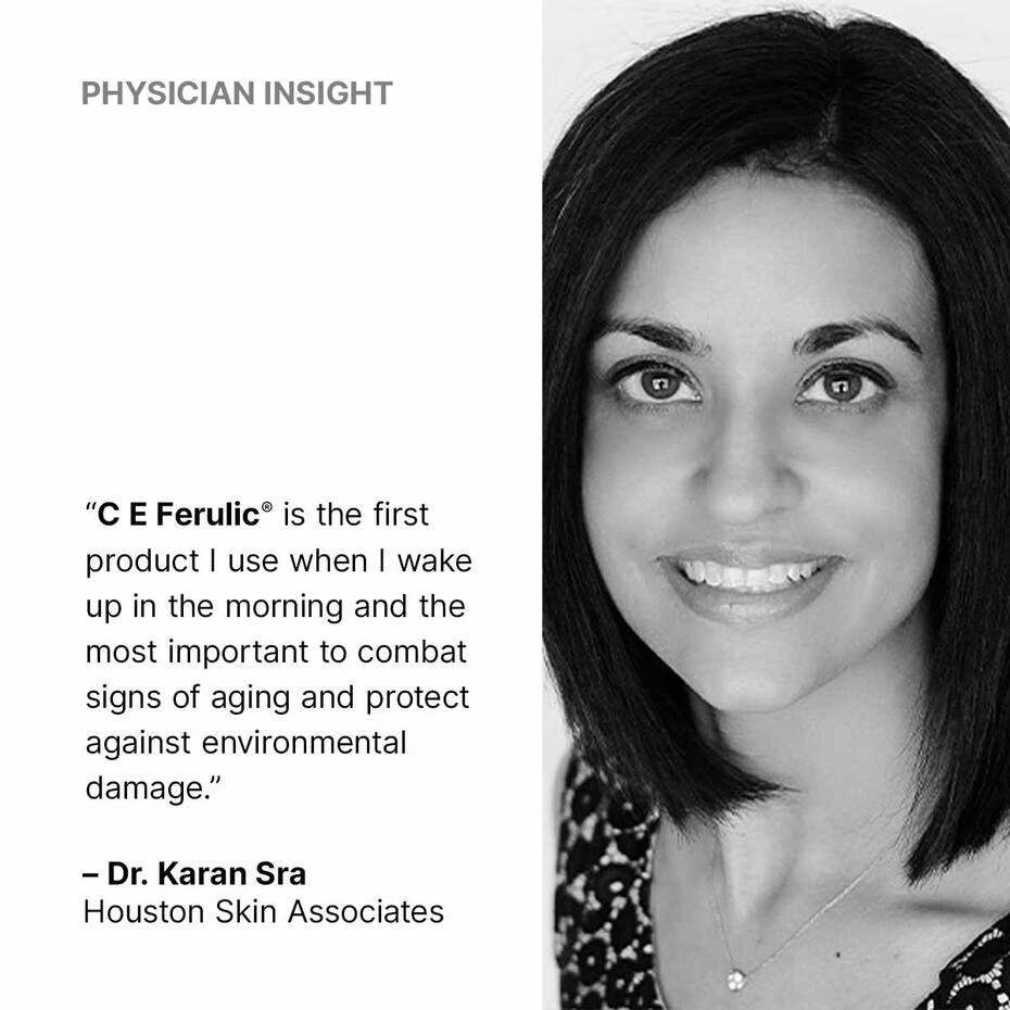Black and white portrait of a woman with text about C E Ferulic skincare product.