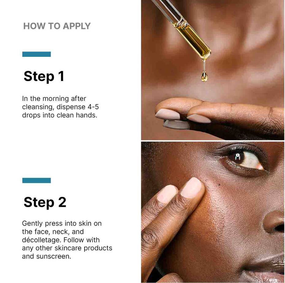 Instructions on how to apply skincare product with close-up of skin and dropper.