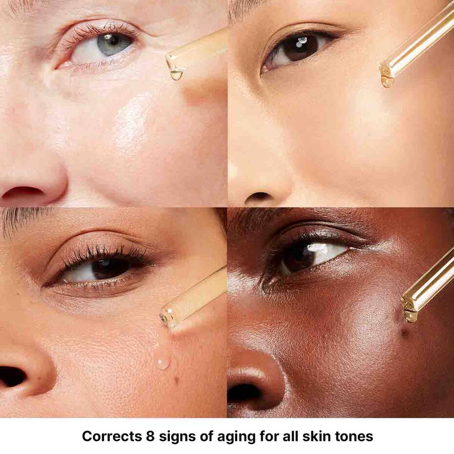 Collage of four faces with a dropper applying a product to the skin, highlighting its use on different skin tones.