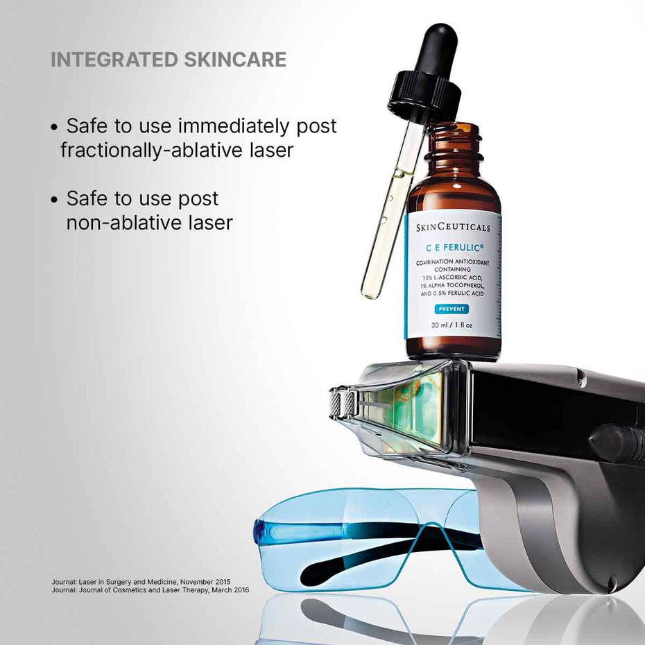 Skinceuticals serum bottle with dropper and laser equipment on a white background