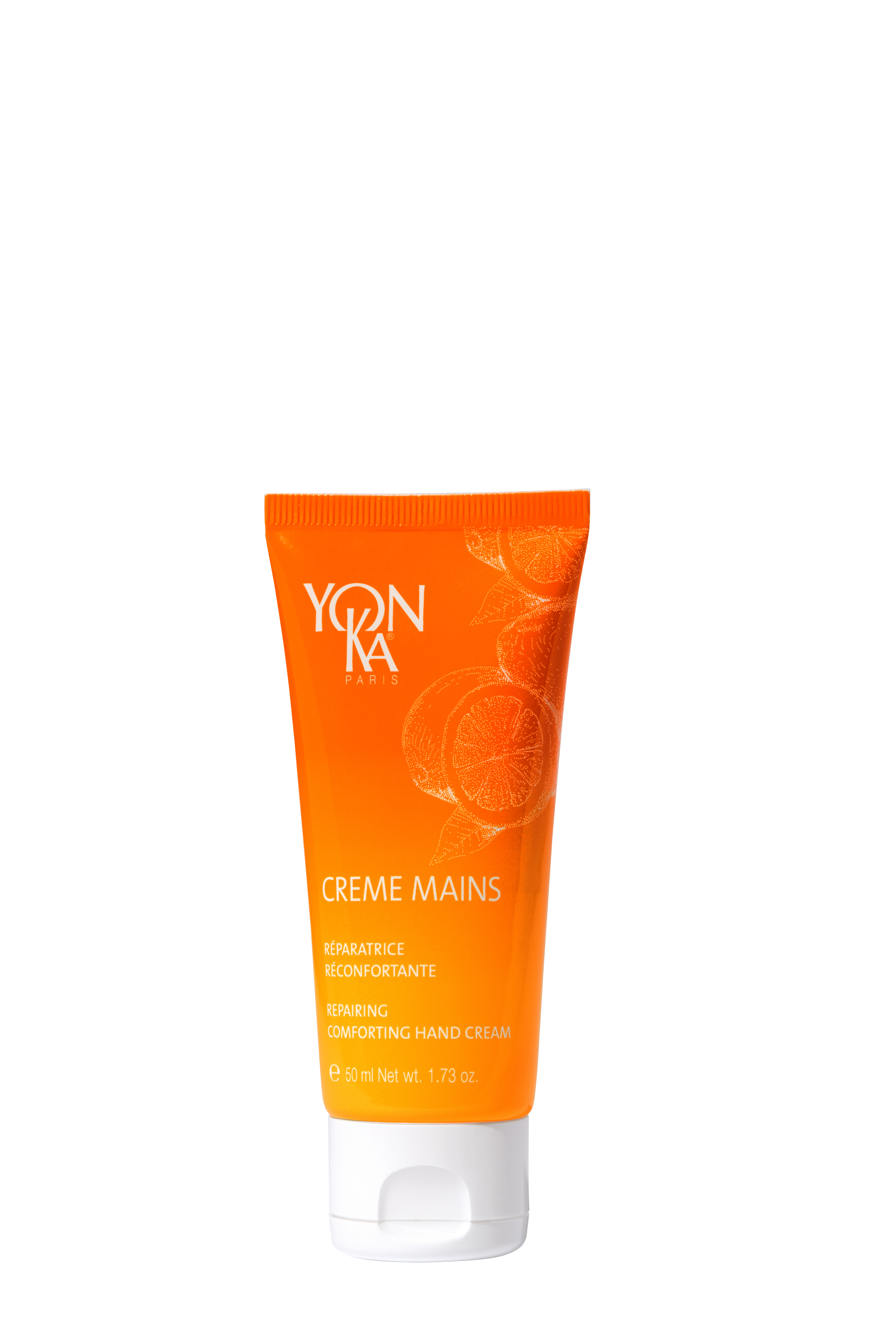 Orange tube of Yon-Ka hand cream on a white background