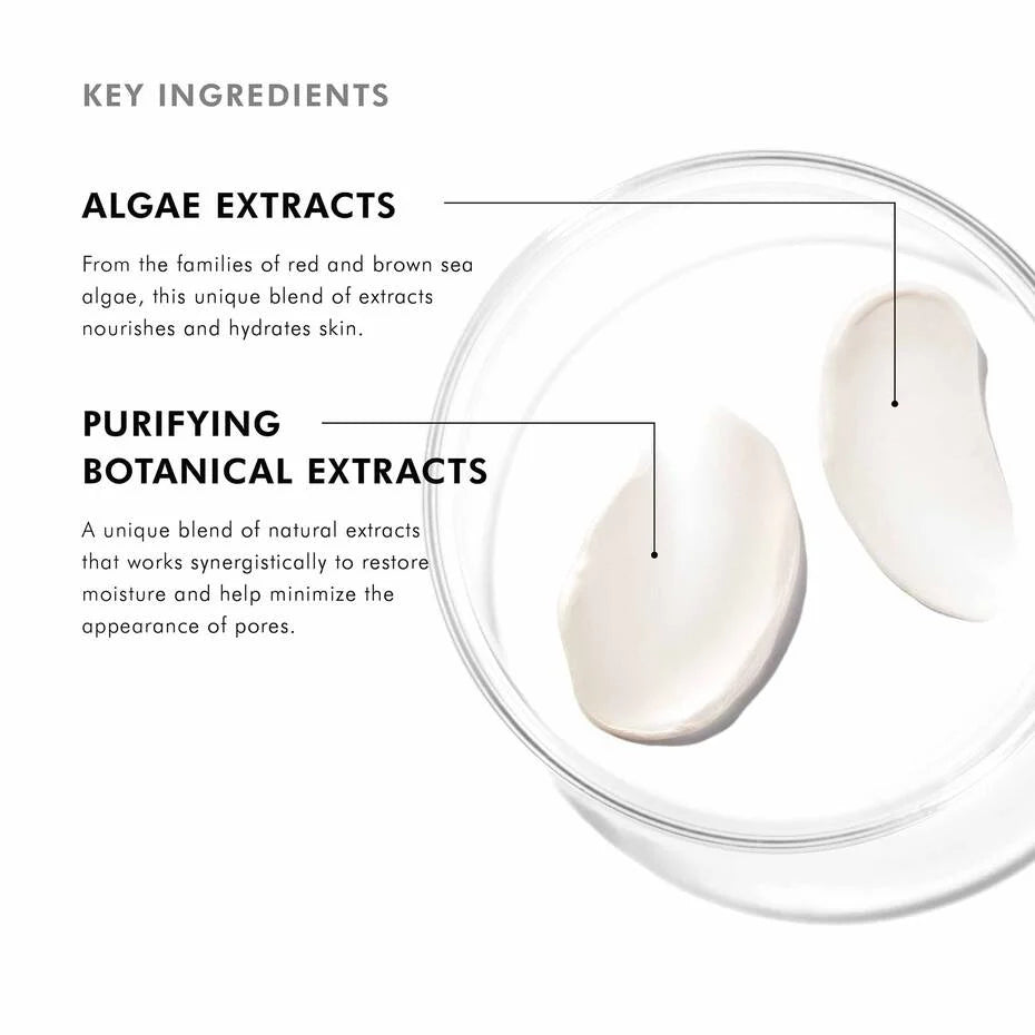 Product packaging with key ingredients highlighted, including algae extracts and purifying botanical extracts.