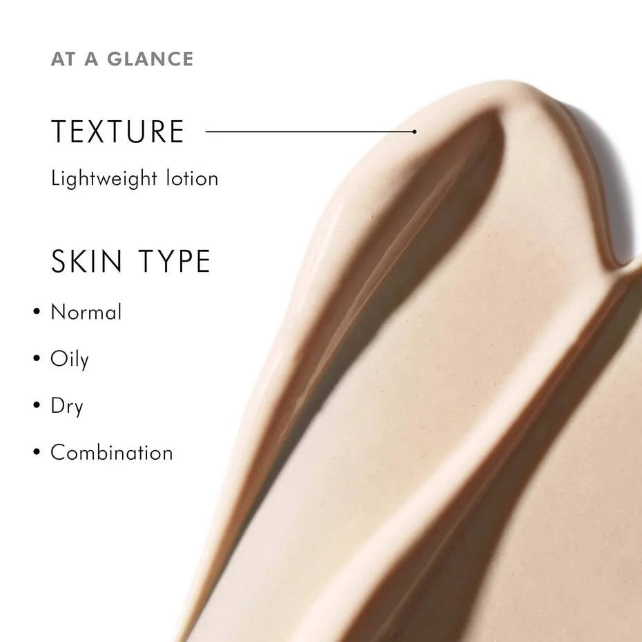 Lightweight lotion texture swatch with skin type compatibility information.