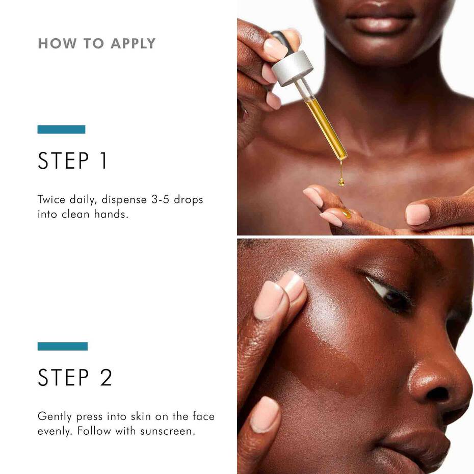 Instructions on how to apply a skincare product with close-up of skin being treated.