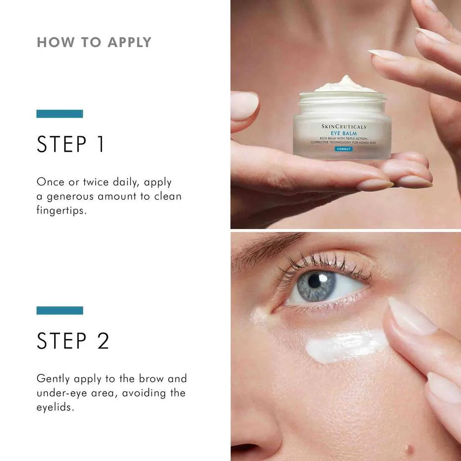 Instructions on how to apply eye balm with close-up of product and application on skin.