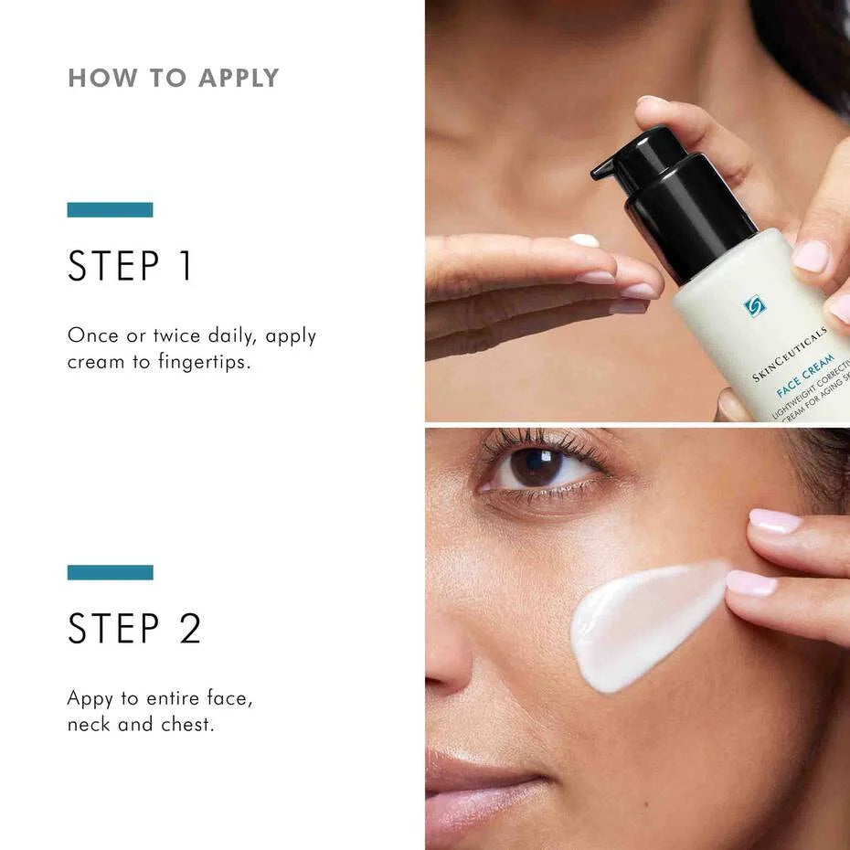 Instructions on how to apply a skincare cream with close-up of application.