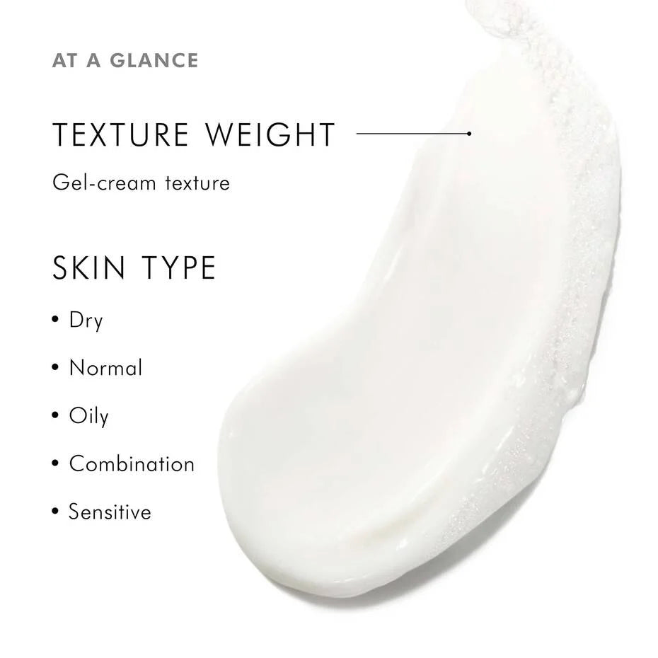 Gel-cream texture swatch with skin type compatibility information on a white background