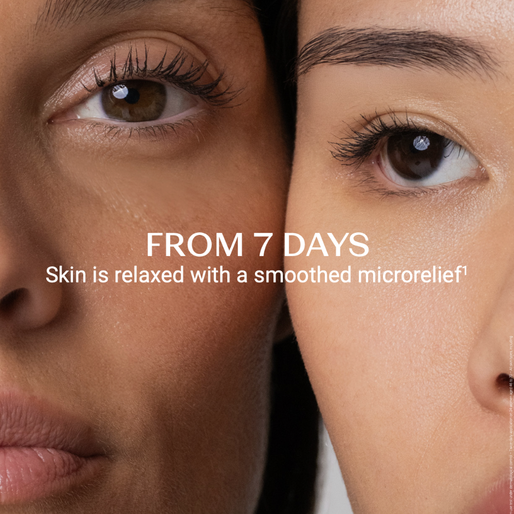 Close-up of two faces side by side with text about skin relaxation and microrelief.
