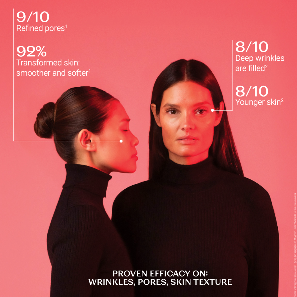 Two women side by side with text on skincare benefits against a pink background