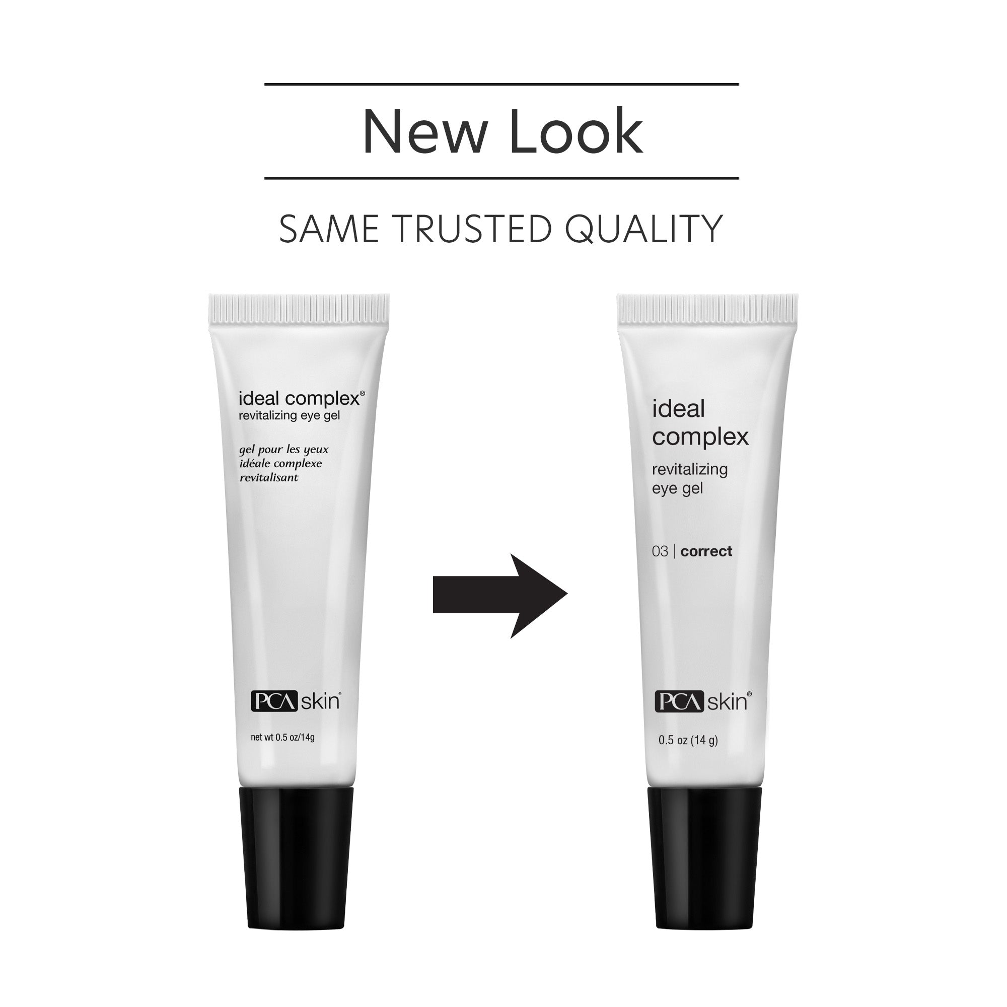 Two tubes of PCA Skin ideal complex eye gel with a new look label on a white background