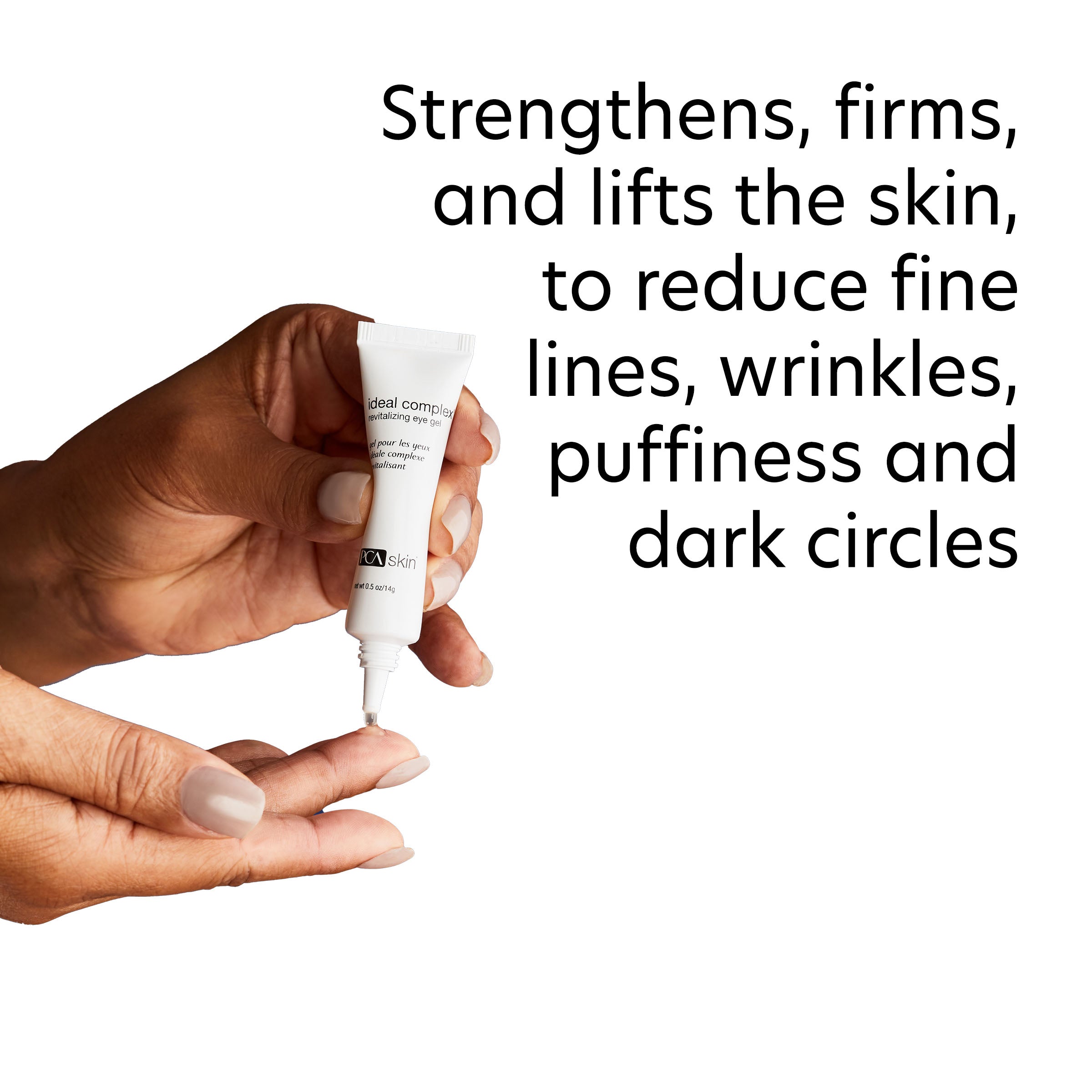 Hand holding a skincare product with text about skin benefits on a white background