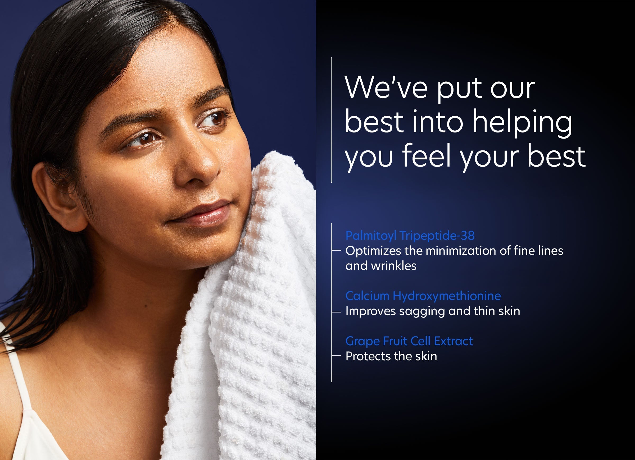 Woman with a towel on her face, with skincare product benefits text on a dark background