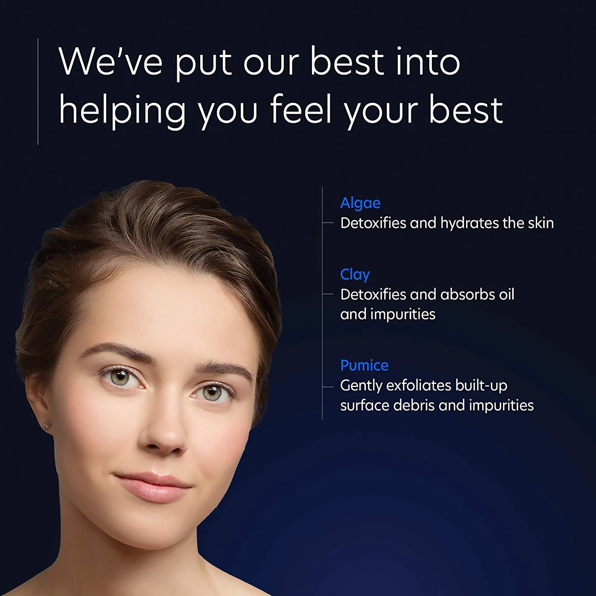 Advertisement for skincare products with a woman's face and benefits listed on a dark background