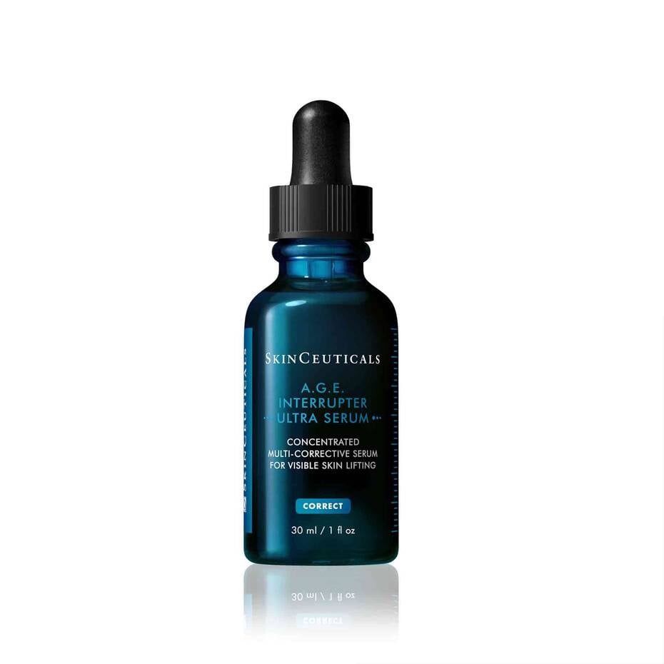Blue serum bottle with dropper on a white background