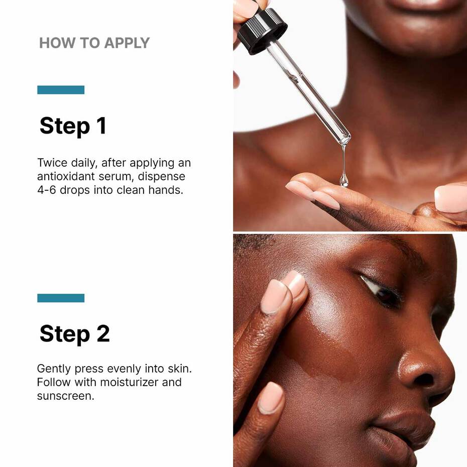 Instructions on how to apply a skincare product with close-up of skin being treated.