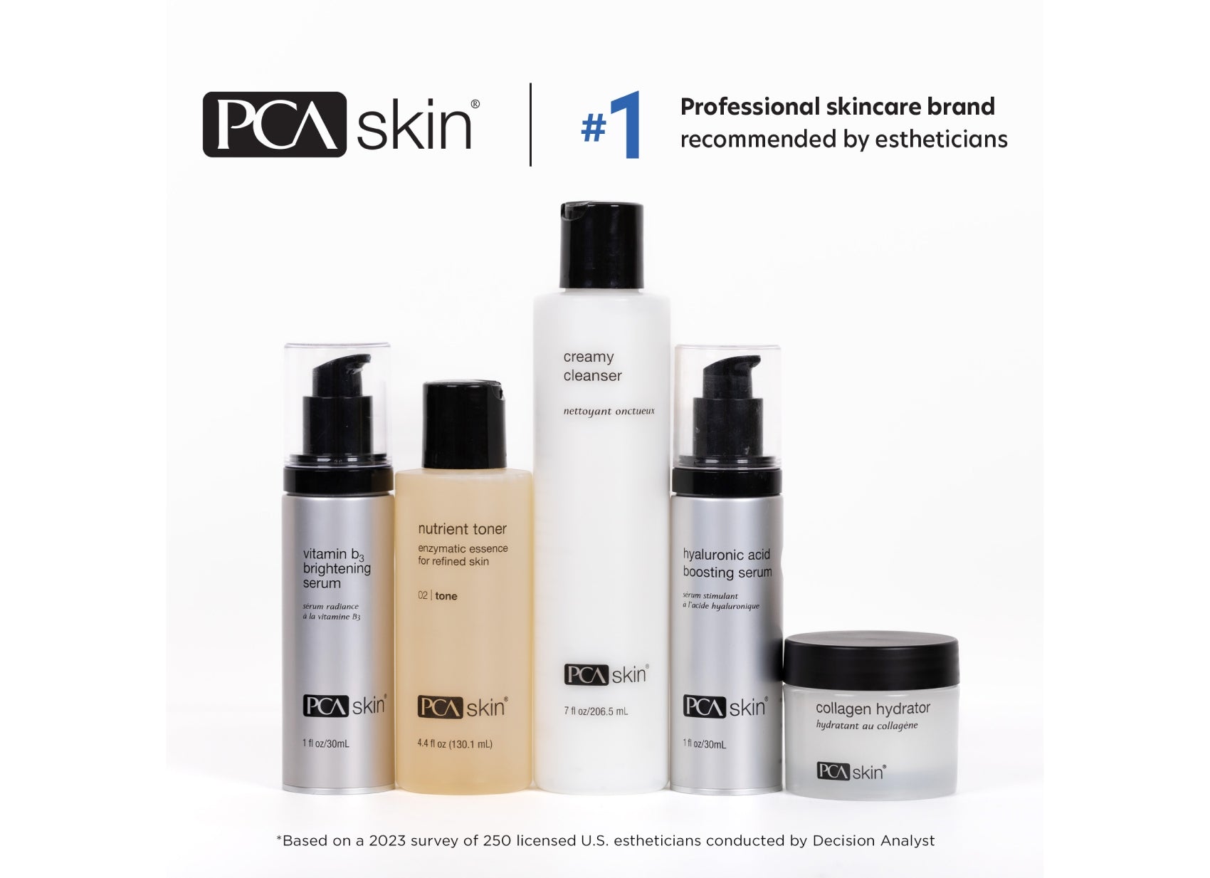PCA skin skincare products on a white background with brand logo and text.
