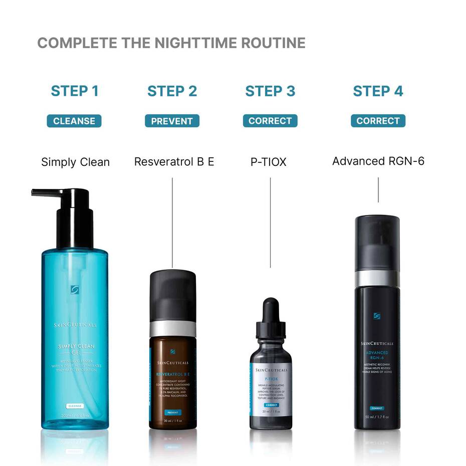 Skincare product lineup with step-by-step instructions on a white background