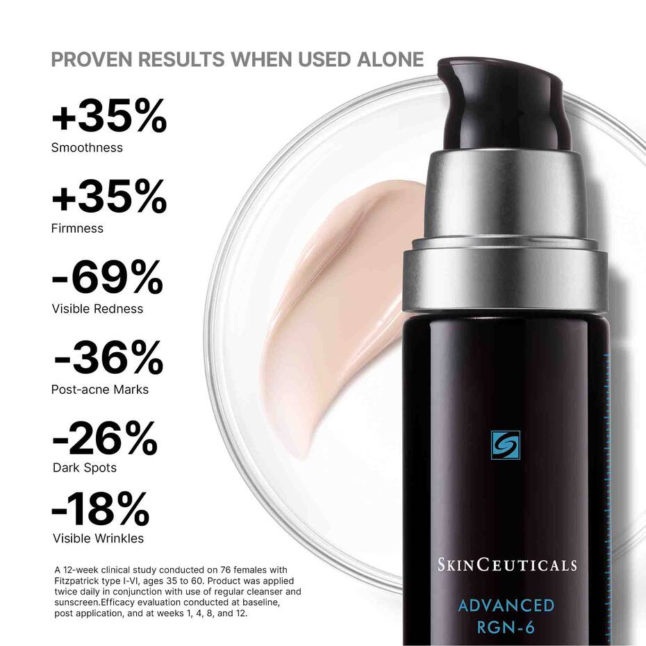 SkinCeuticals Advanced RGN-6 serum bottle with skincare benefits on a white background