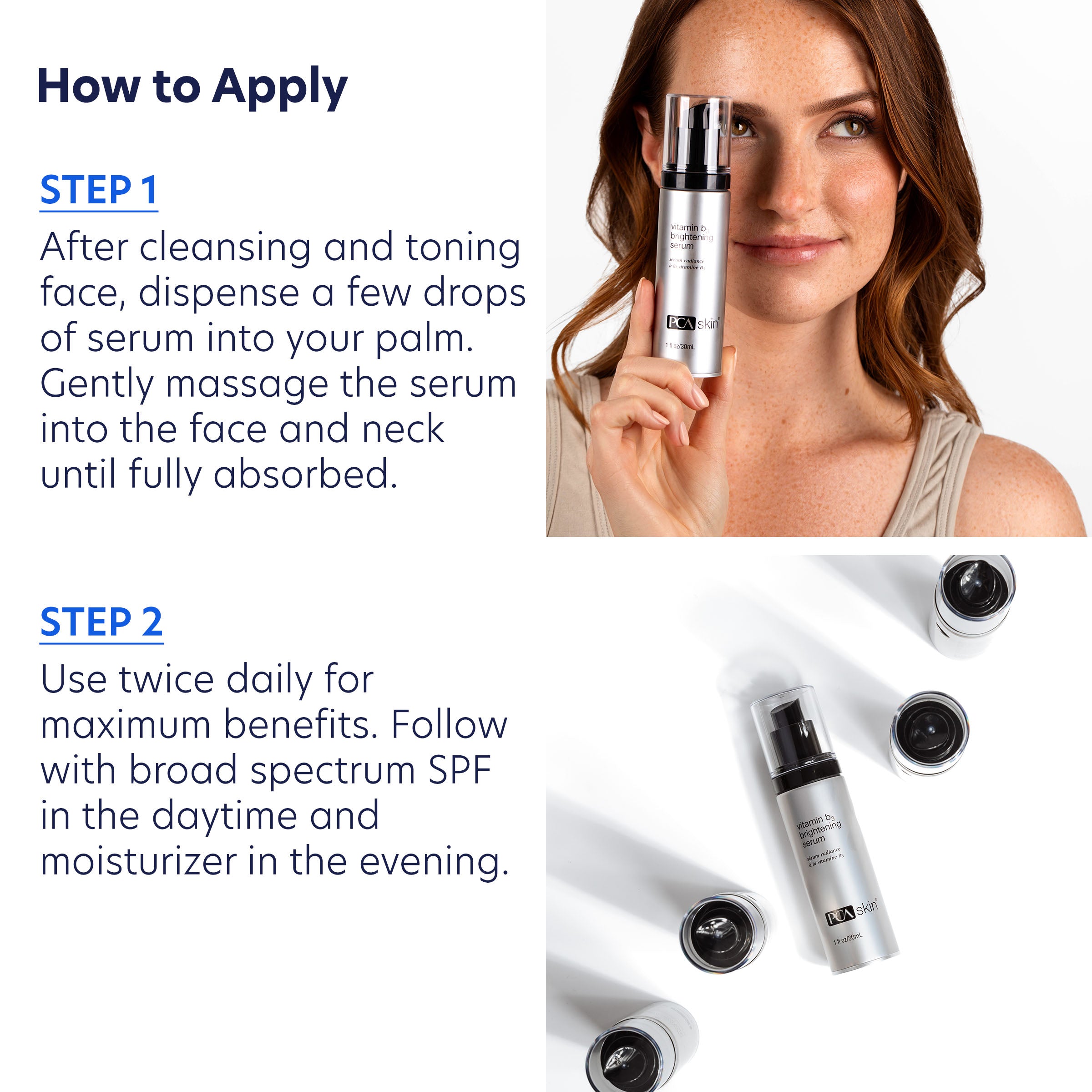 Skincare product application guide with a woman holding a bottle and text instructions.