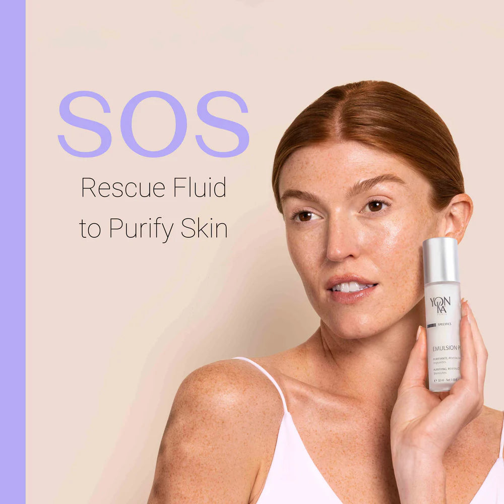 Woman holding a skincare product with 'SOS Rescue Fluid to Purify Skin' text on a beige background