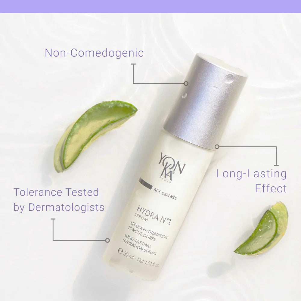 Yonka skincare serum with aloe vera slices on a light background
