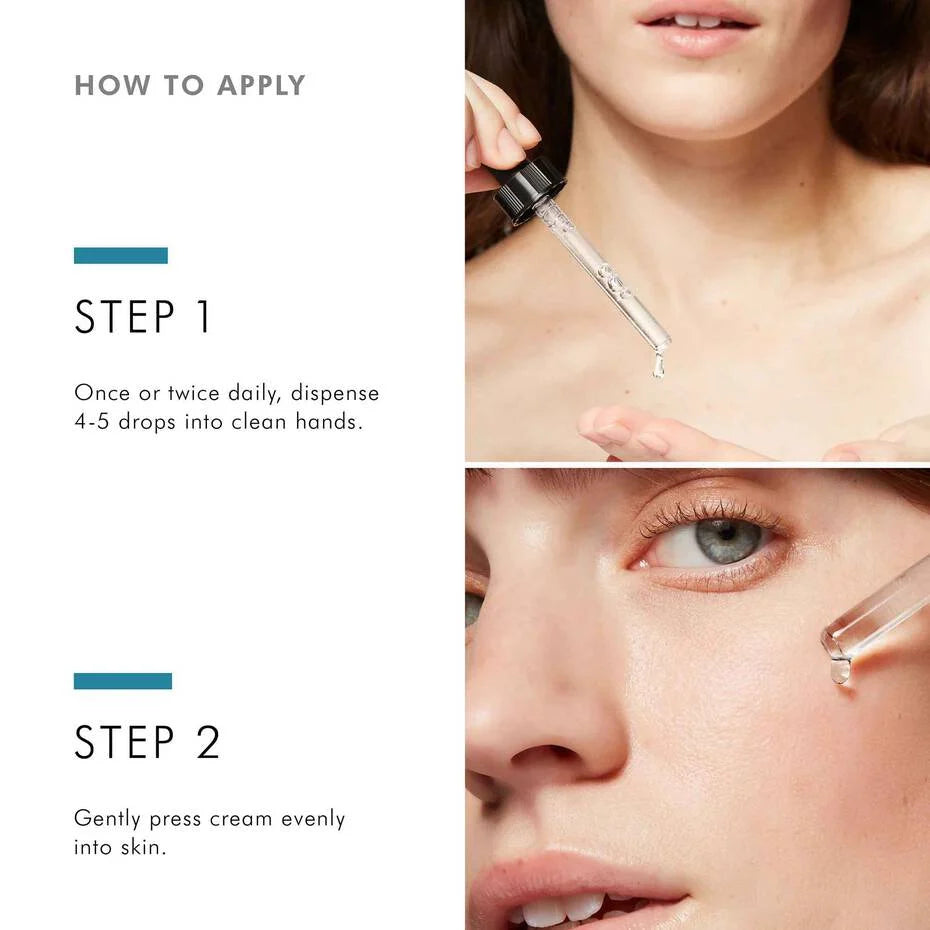 Instructions on how to apply a skincare product with close-up shots of hands and face.