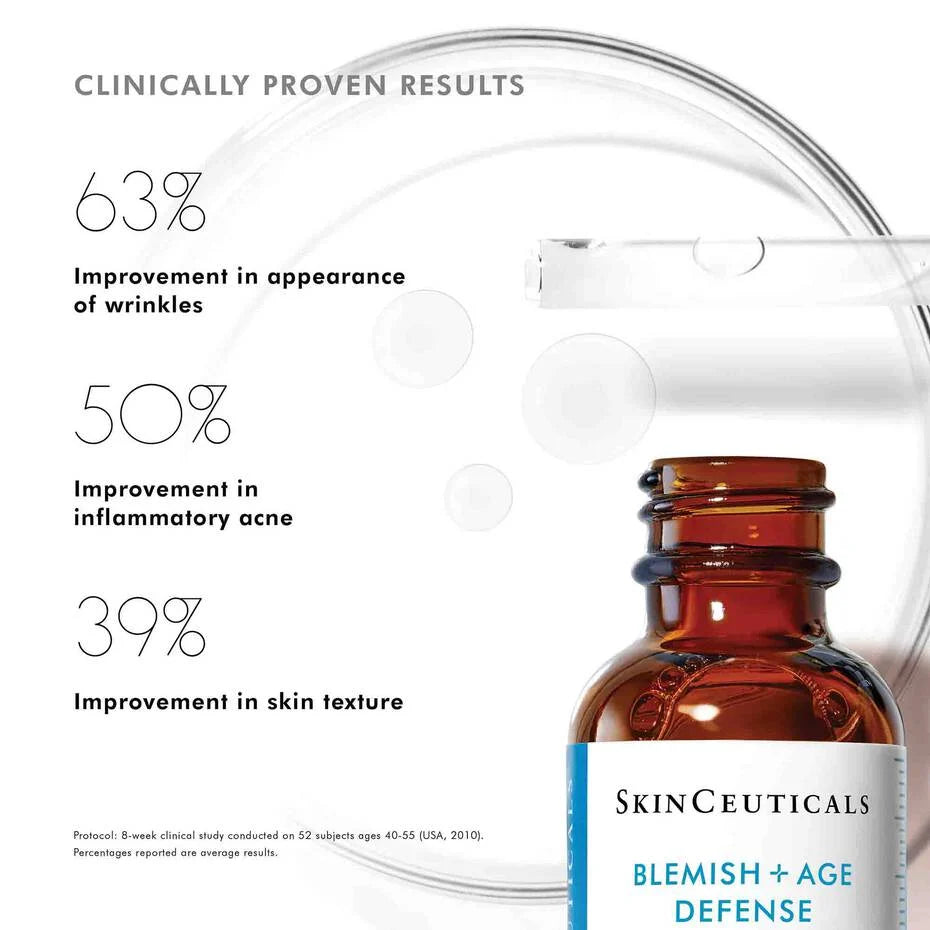SkinCeuticals Blemish + Age Defense product with clinical improvement statistics on a white background