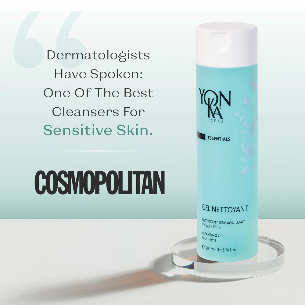 Yon-Ka cleansing gel withCosmopolitan endorsement on a light blue background