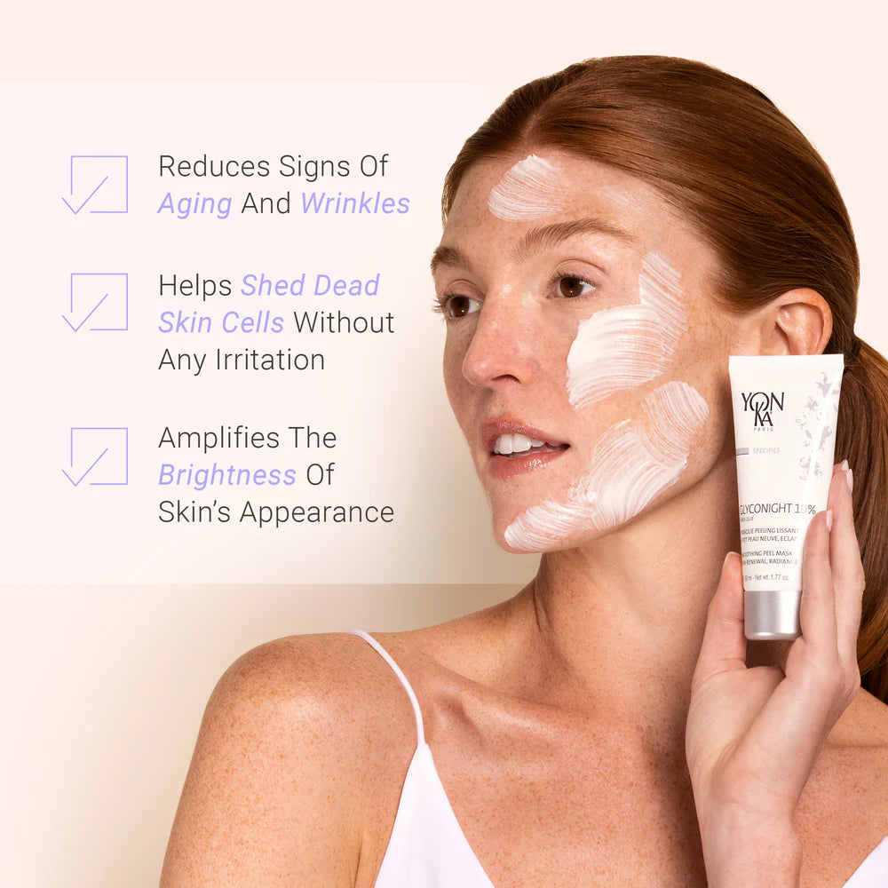 Woman applying skincare product with text highlighting benefits on a beige background
