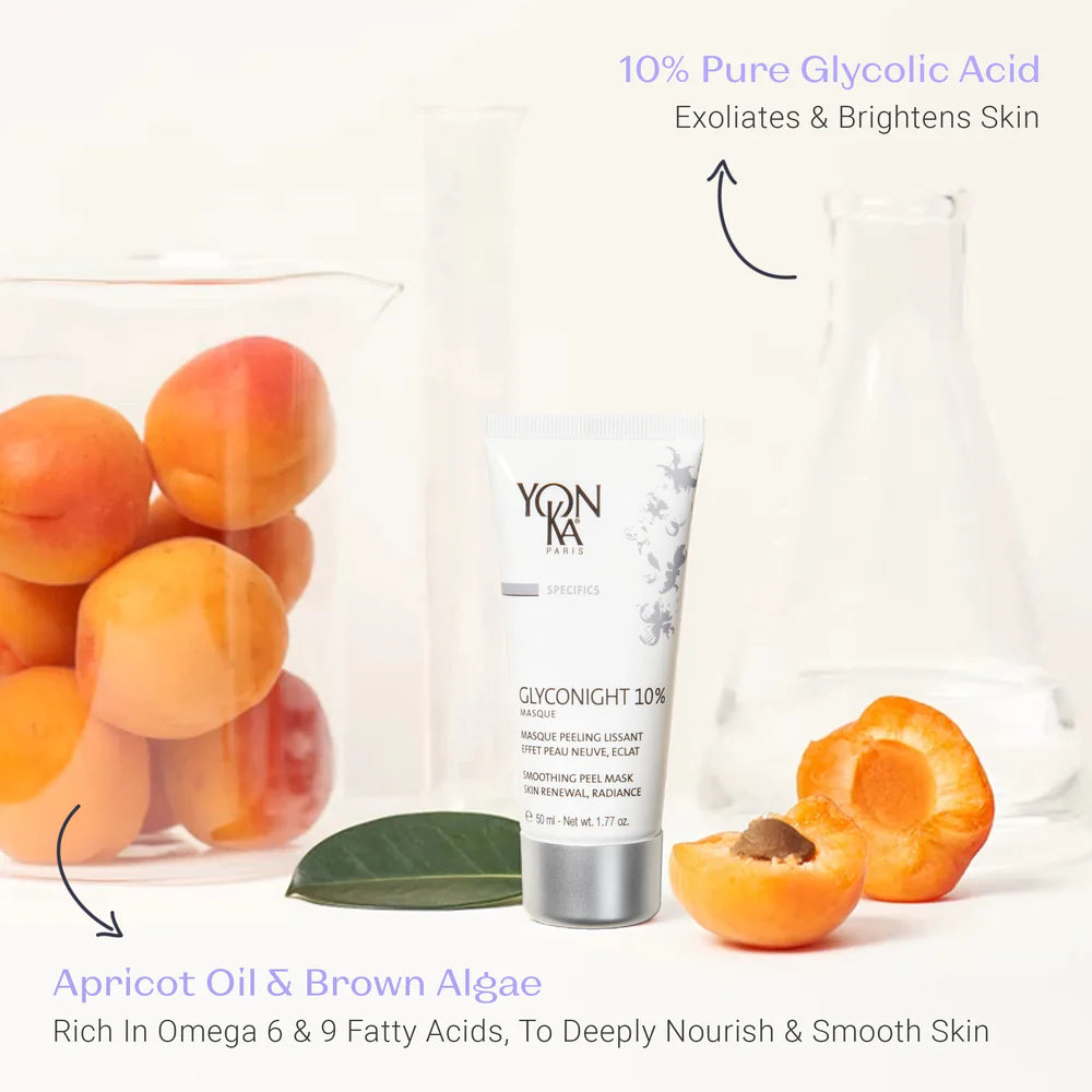 Yon-Ka Glyconight 10% skincare product with apricots and brown algae on a white background
