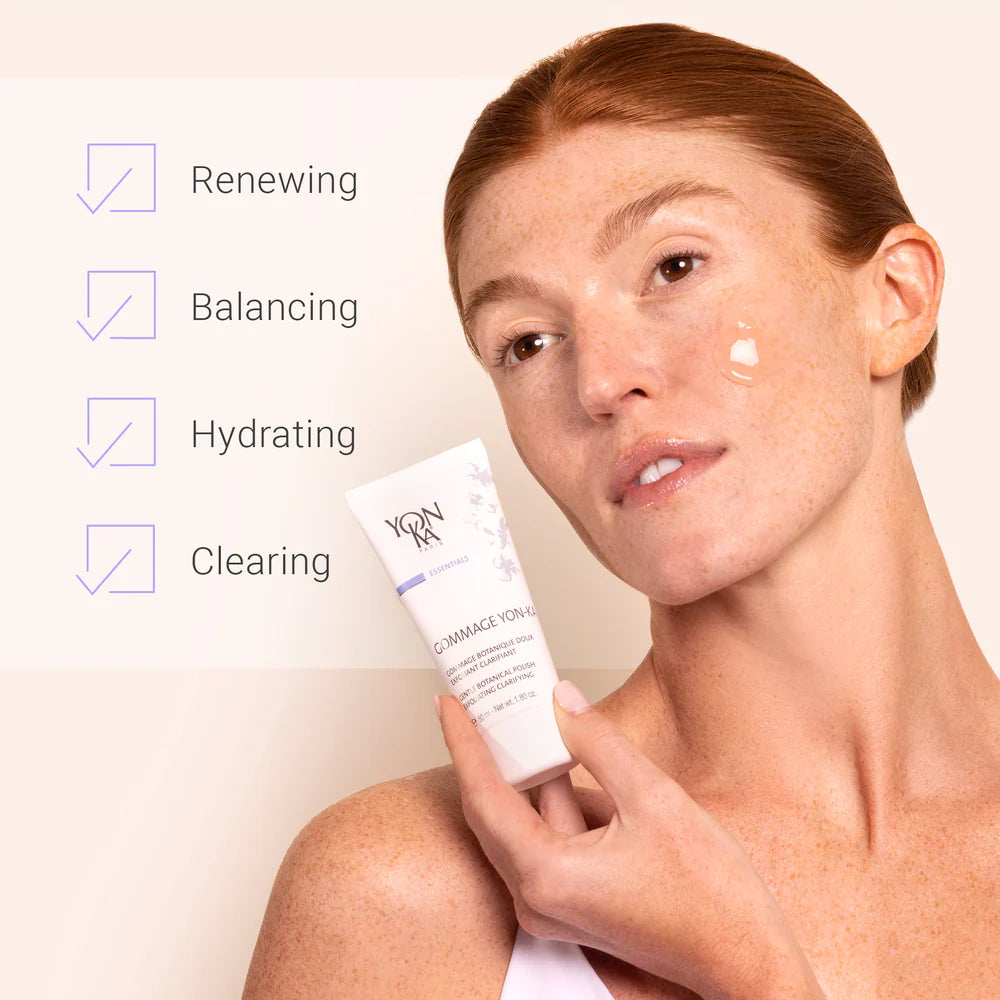Woman applying skincare product with text labels 'Renewing', 'Balancing', 'Hydrating', 'Clearing' on a beige background