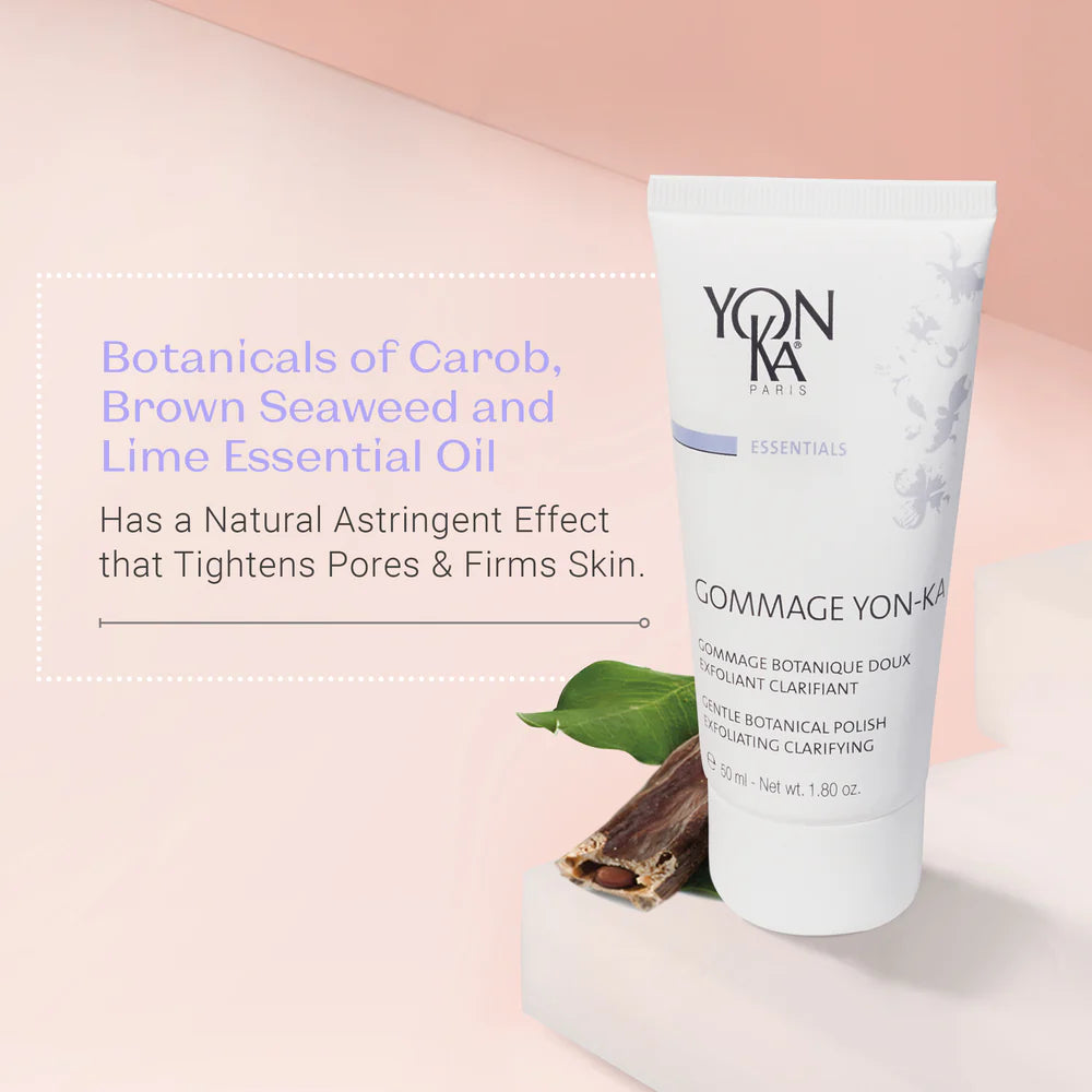 Yon-Ka skincare product with botanicals and essential oil information on a pink background