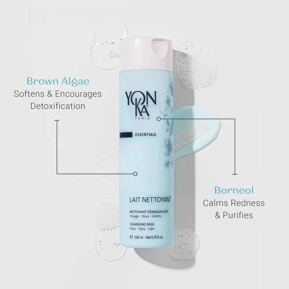 Yon-Ka cleansing milk bottle with text on a light gray background