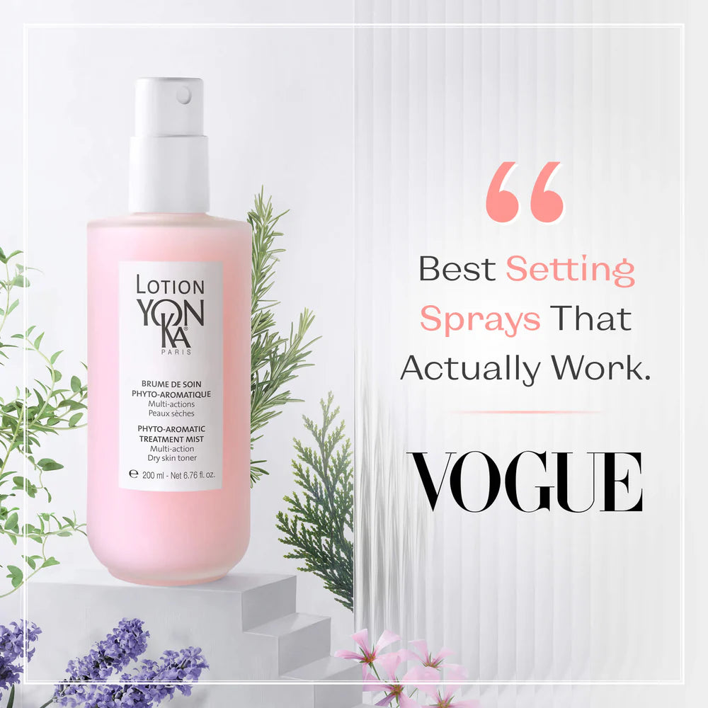 Pink bottle of Lotion Yon-Ka with greenery and flowers on a light gray background, featuring Vogue's endorsement text.